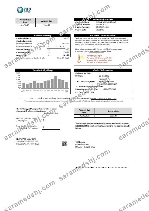 USA Texas TXU Energy business utility bill template in Word and PDF formats